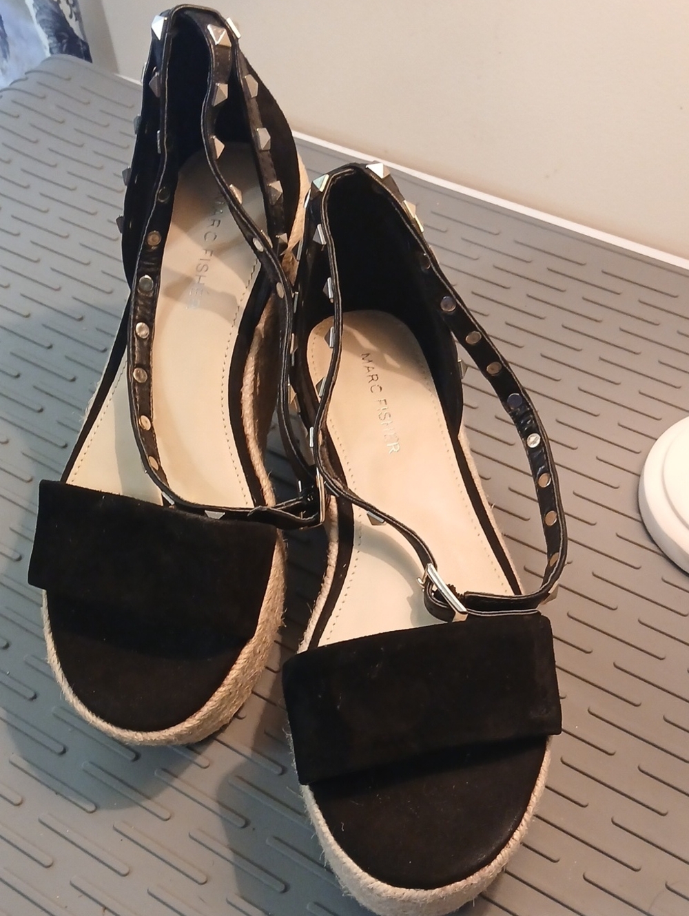 Marc Fisher Black Suede Studded Espadrille Sandals Size 6.5